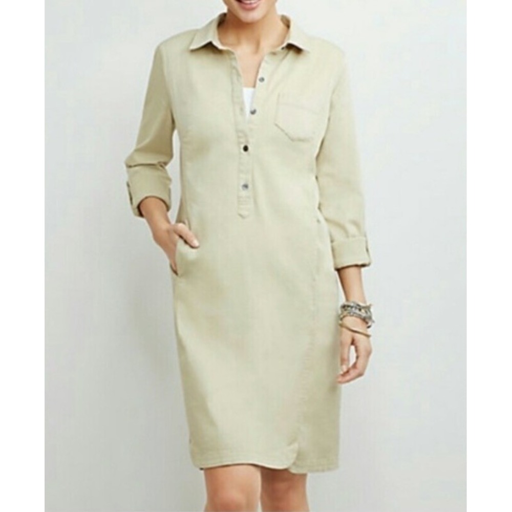J Jill Live In Chino Tan Henley Shirt Dress Roll Tab Sleeves Pockets Size 8 Work